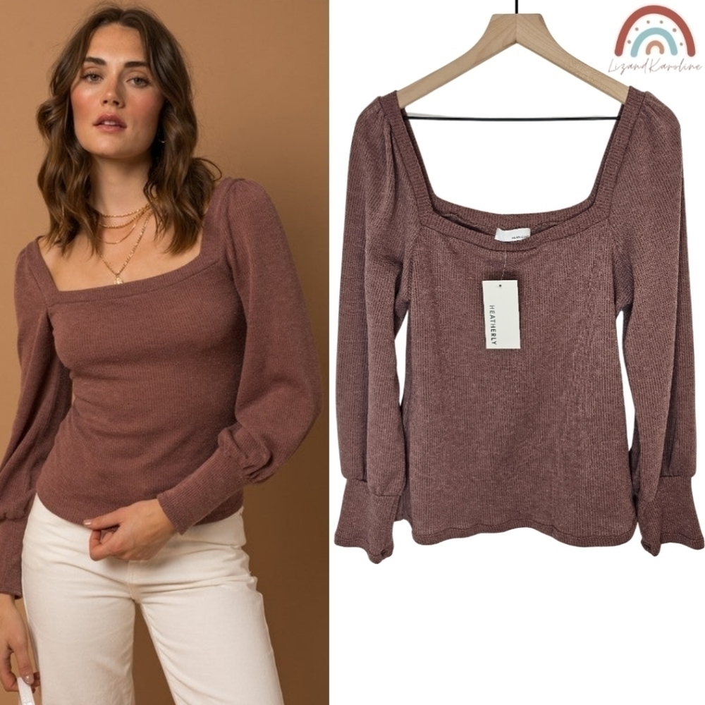 New! Heatherly Ribbed Knit Square Neck Sweater Top